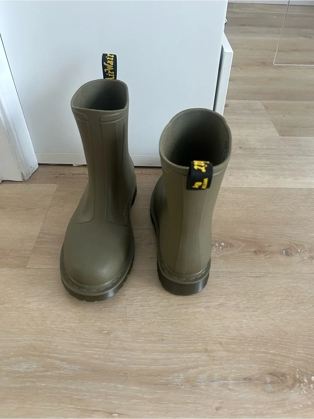 Dr. Martens Olive Green Rain Boots with Black & Yellow Pull Tabs